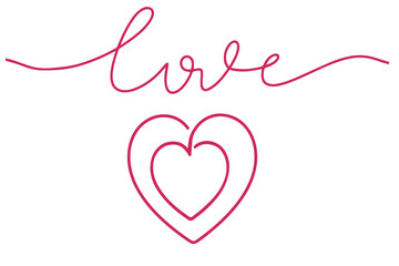 A drawing of a continuous line of hearts and the inscription love. Fashionable minimalist illustration. Drawing in one line.