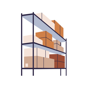 Cardboard boxes stacked on shelf in warehouse. Goods in packages on storage rack in store room. Carton packs, parcels in storehouse. Flat vector illustration isolated on white background