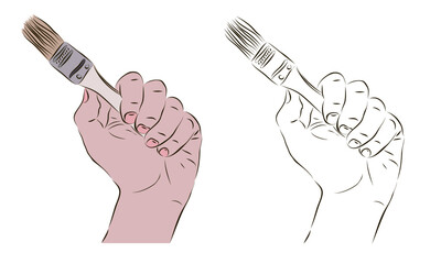 A worker holds a paint brush in his hand. The concept of wall painting.