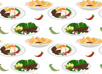 Malaysian national cuisine. Traditional food. Seamless pattern in vector. Asian cuisine.