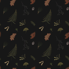 seamless pattern with magical forest elements. images of a snake, night moth, fly agaric mushrooms, plant and space elements. Ideal for printing on fabric or clothing, wallpaper and wrapping paper