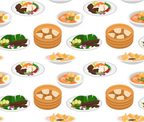 Dim Sum, Laksa, Sate, Royak, Nasi Kandar, Chuchur Pisang. Malaysian food. Vector seamless pattern