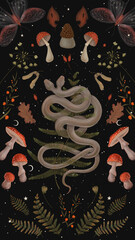 seamless pattern with magical forest elements. images of a snake, night moth, fly agaric mushrooms, plant and space elements. Ideal for printing on fabric or clothing, wallpaper and wrapping paper
