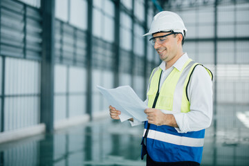 warehouse manager with tablet and ..radio communication his worker working in background in...