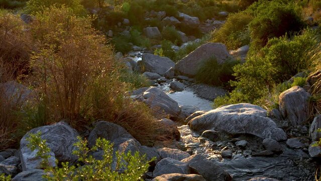 A mountain river with sunset light. Comechingones mountains. San Luis, Argentina. 4k, slow motion.