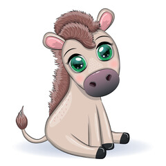 Cute donkey in flowers, with balloons, spring theme. Postcard for the holiday.