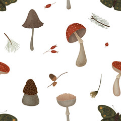 seamless pattern with magical forest elements. images of a snake, night moth, fly agaric mushrooms, plant and space elements. Ideal for printing on fabric or clothing, wallpaper and wrapping paper