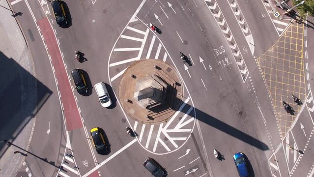 Top Down Aerial View of Traffic Around Lapiz Obelisk, Passeig de Gracia and Diagonal Intersection, Barcelona, Spain