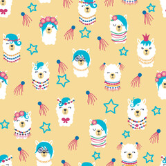 Seamless pattern with llama, alpaca faces. Cute drawings of llama head with hearts, inscription, mountains, cacti, star, dreamcatcher