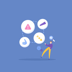 SWOT or strengths, weaknesses, opportunities and threats. a businessman analyzes SWOT. symbol of muscle, telescope, down arrow, warning sign. illustration concept design. graphic elements