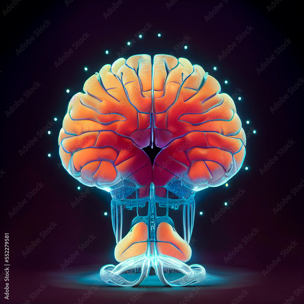 Aufkleber Beautiful abstract, black brain with orange light  symbol on a blue background . 3d rendering illustration. Background pattern for design.
