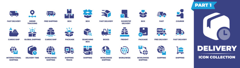 Fototapeta na wymiar Delivery icon collection part 1. Containing a delivery icon, fast delivery icon, order tracking icon, free shipping icon, box icon, doorstep delivery icon, and fast icon. Vector illustration.