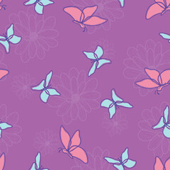 Flower line and butterflies' seamless pattern