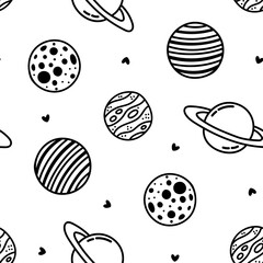 Seamless pattern with hand drawn planets and hearts