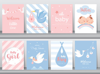 Fototapeta na wymiar Baby shower invitations cards with babies boy and girl,cute design,poster,template,Vector illustrations.