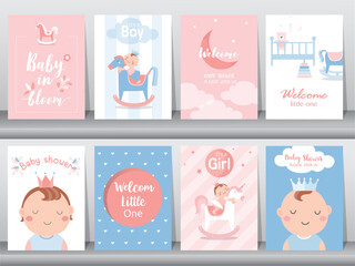 Baby shower invitations cards with babies boy and girl,cute design,poster,template,Vector illustrations. - 552279942