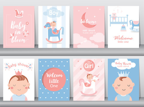 Baby shower invitations cards with babies boy and girl,cute design,poster,template,Vector illustrations.
