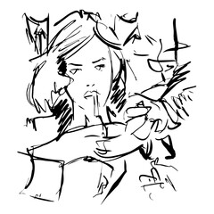 Smoking Fashion woman abstract portrait, line art, quick sketch, vector fashion illustration, girl beauty minimalist, vector illustration