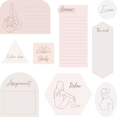 Digital note papers and stickers for digital bullet journaling or planning. Ready to use digital stickers for digital planner. Hand lettering. Minimal style. Vector art.