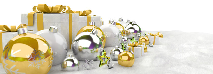 Isolated glossy christmas decoration lined up on white. 3D rendering yellow shiny baubles ornaments. Gifts with bows and glossy golden stars. Merry Xmas cut out background