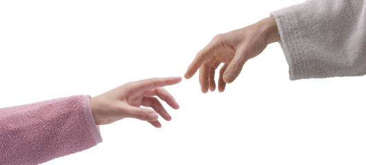 Man and woman in bathrobe touching fingers