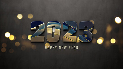 2023 greetings with golden effect. Shiny Happy new year text on concrete for background, graphic design, banner, illustration. 3D rendering © sdecoret