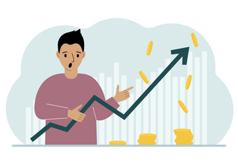 The man is holding an arrow pointing up. The concept of growth in business, company promotion or business income growth.