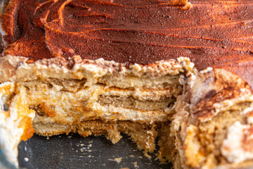 Tiramisu savoiardi, mascarpone, amaretto sweet dessert meal food snack on the table copy space food background 