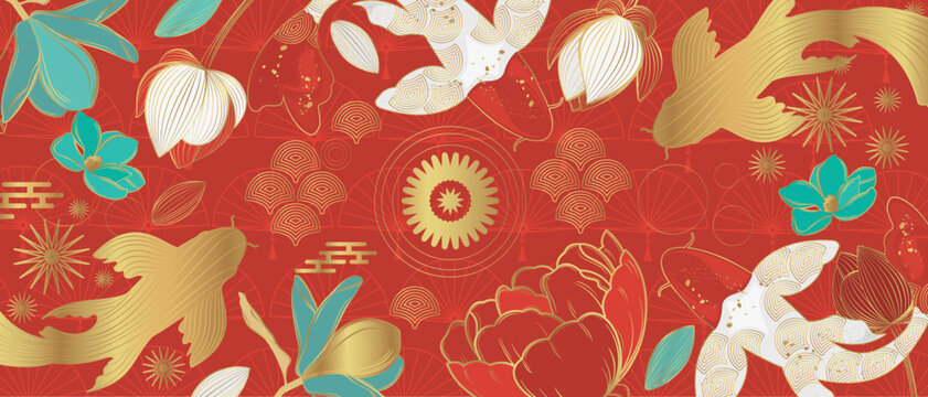 Vector banner with traditional Chinese elements and ornament. Koi carp in gold color on a red background with flowers. Chinese background.