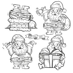 Set Of Merry Christmas Santa Claus Banner Design. Cute Cartoon Illustration. Black and white hand draw illustration