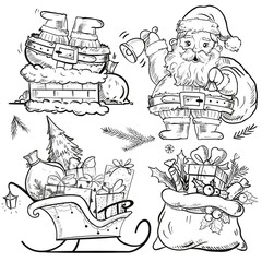 
Set Of Merry Christmas Santa Claus Banner Design. Cute Cartoon Illustration. Black and white hand draw illustration