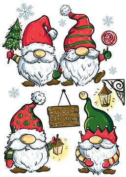 Set Of Merry Christmas With Cute Gnomes Santa Claus Banner Design. Cute Cartoon Illustration
