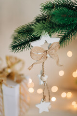 Christmas tree decorated with xmas balls vintage toy decoration closeup. Greeting card mockup