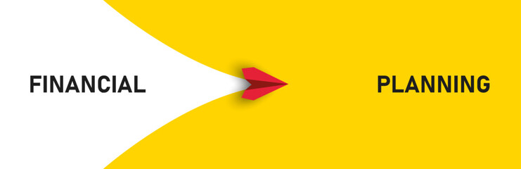 red plane flying from financial to planning.
financial planning idea. Project tracking, goal tracking, task completion purpose, idea concept.