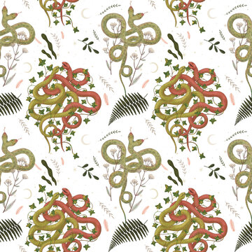  magical forest elements. images of a snake, night moth, fly agaric mushrooms, plant and space elements. Ideal for printing on fabric or clothing, wallpaper and wrapping paper