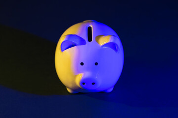 Piggy bank on a dark background with blue - yellow backlight. Ukrainian flag. Banking concept. Bright neon lights