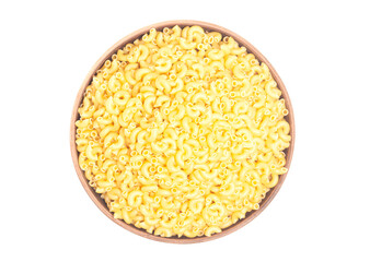 Italian pasta in brown clay bowl isolated on white background