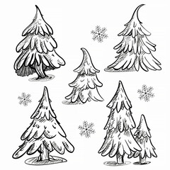 Black and white hand draw illustration. Christmas tree line
