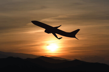 Vector silhouette of plane on sunset background. Symbol of travel and journey.