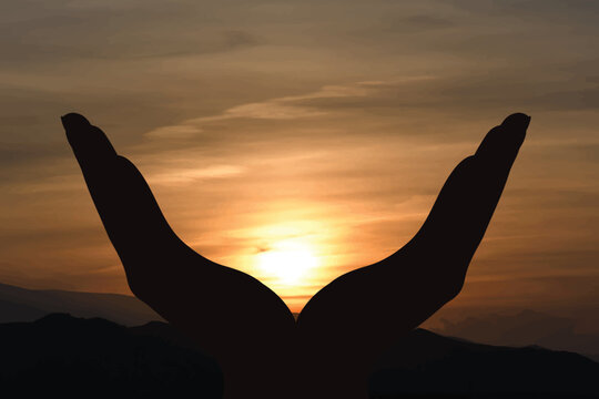 Vector silhouette of symbol of faith on sunset background. Symbol hands with hope gesture.