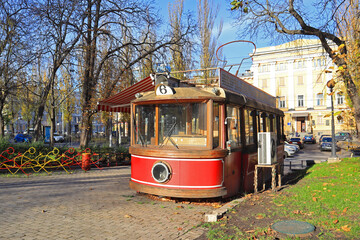 Naklejka na ściany i meble Vintage tram in Shevchenko Park in Kyiv, Ukraine