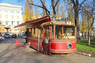 Fototapeta na wymiar Vintage tram in Shevchenko Park in Kyiv, Ukraine