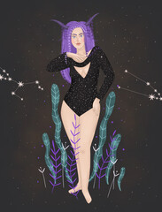 woman contour astrology, goddess of female power. zodiac signs, tarot cards, fortune-telling and predictions, forecast