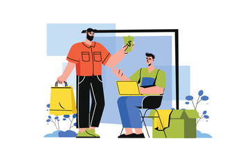 Color concept Donation with people scene in the flat cartoon style. Man brought some money and clothes to help people. Vector illustration.