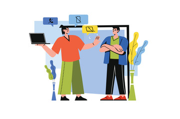 Digital detox color concept with people scene in the flat cartoon style. Girl offers the guy to do a digital detox and break from gadgets. Vector illustration.
