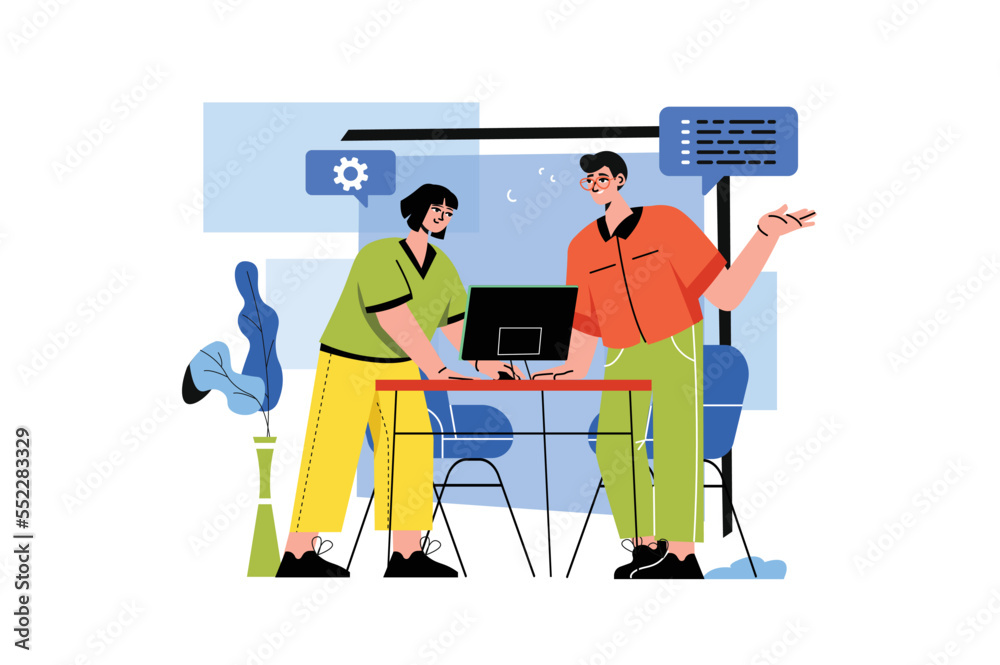 Poster color concept programming with people scene in the flat cartoon design. two employees decide to writ