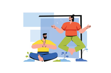 Yoga color concept with people scene in the flat cartoon design. Young couple do yoga exercises in the park and get pleasure. Vector illustration.