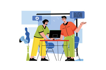 Color concept Programming with people scene in the flat cartoon design. Two employees decide to write a programming code for application. Vector illustration.