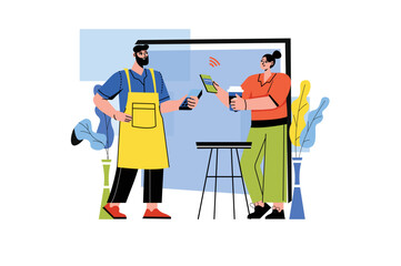 Pay pal color concept with people scene in the flat cartoon design. Woman pays for coffee in a cafe using online banking. Vector illustration.