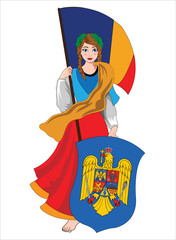 Romania girl holding flag and shield vector illustration